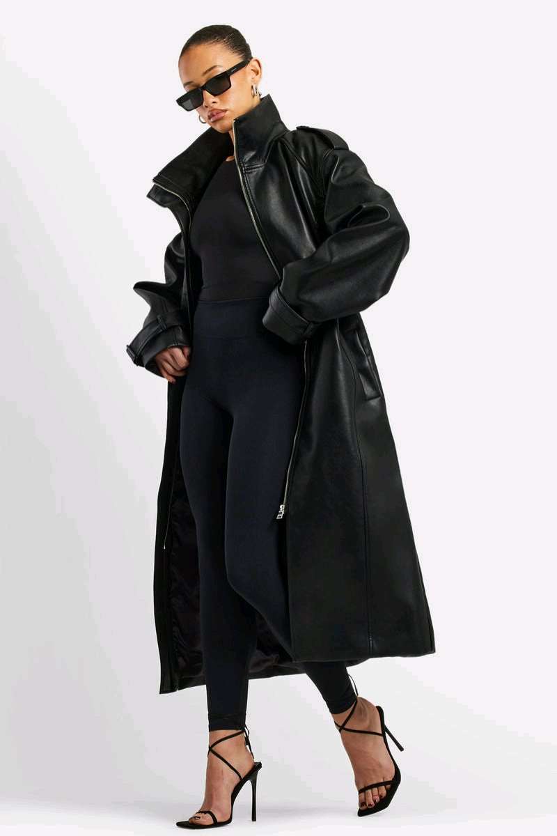 black leather trench coat