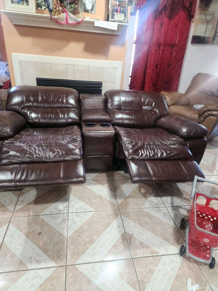Brown leather electric recliner loveseat