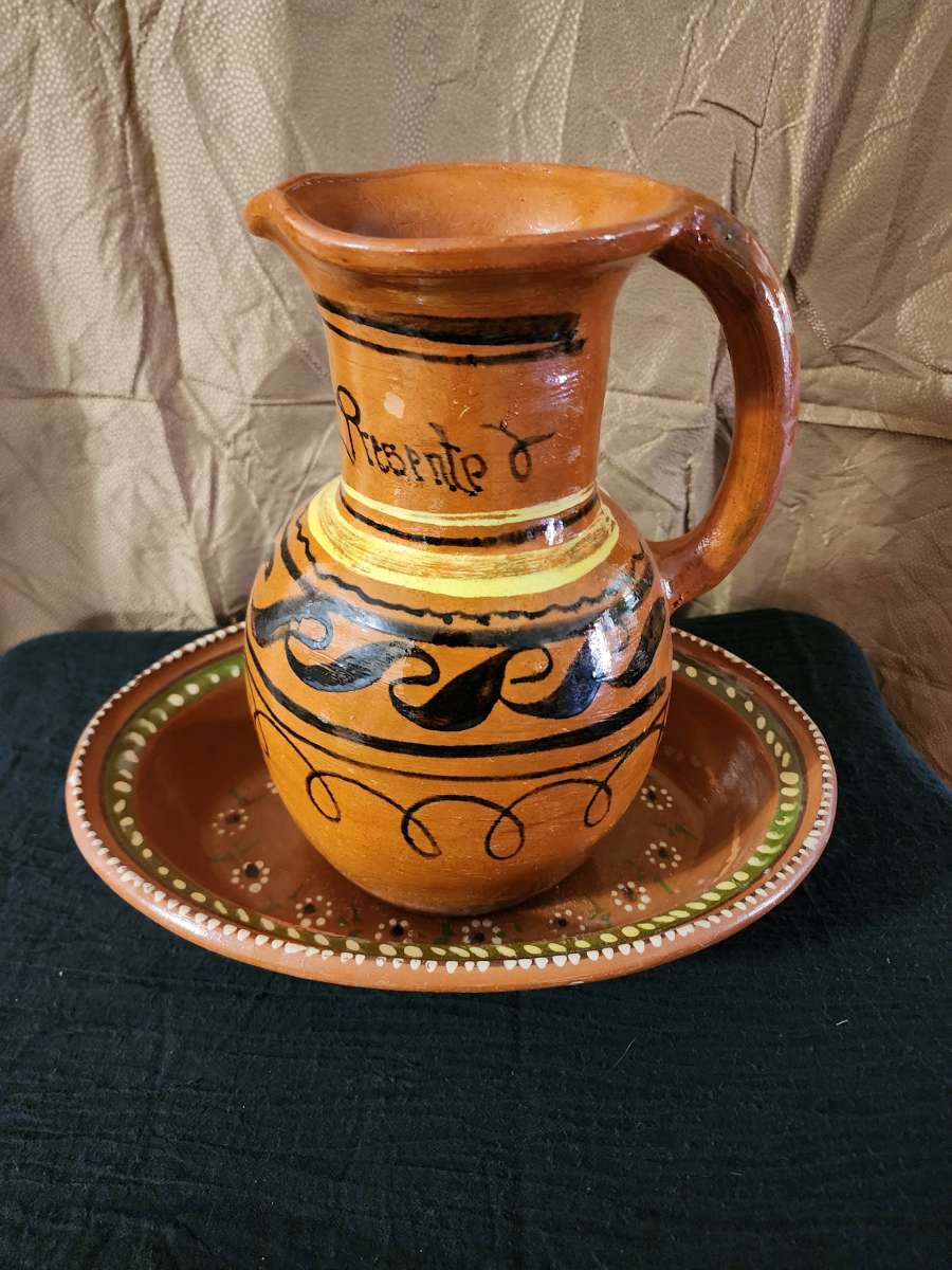 Hand painted Clay Mexican pitcher and bowl