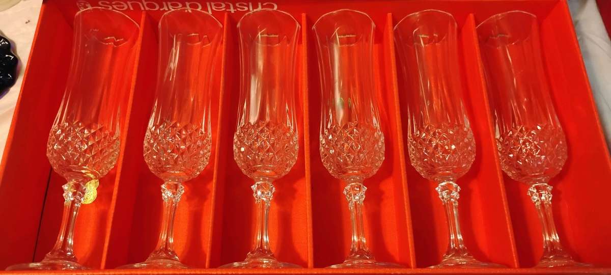 6 Cristal Darques LONGCHAMP Lead Crystal Champagne Flutes
