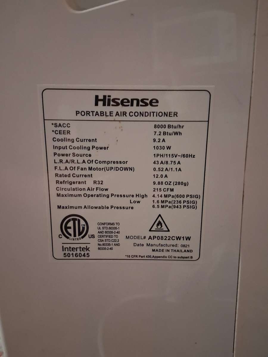 8000 btu Hisense portable air conditioner