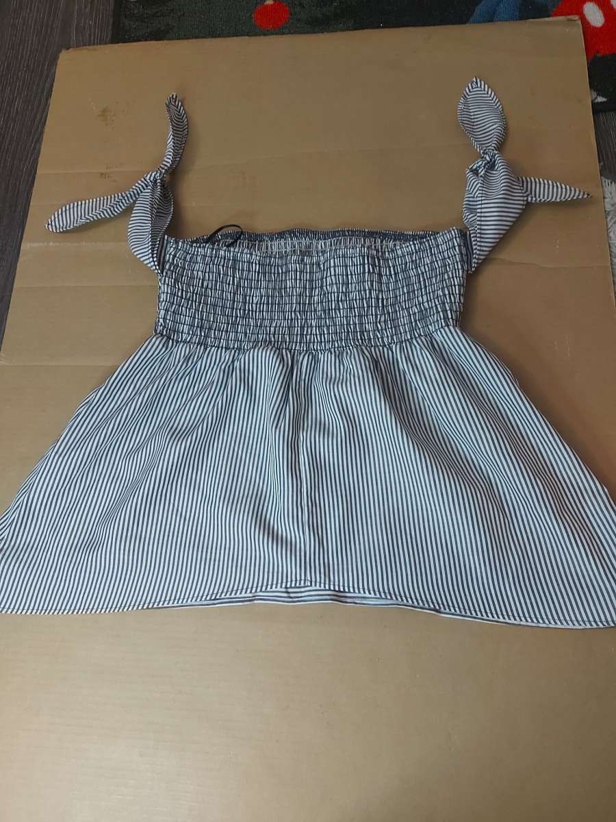 Sienna Sky Pinstripe Black White Off Shoulder Babydoll Blous