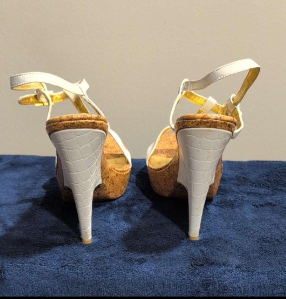 Gold and White Platform Sandals with Cork Wedge size 10