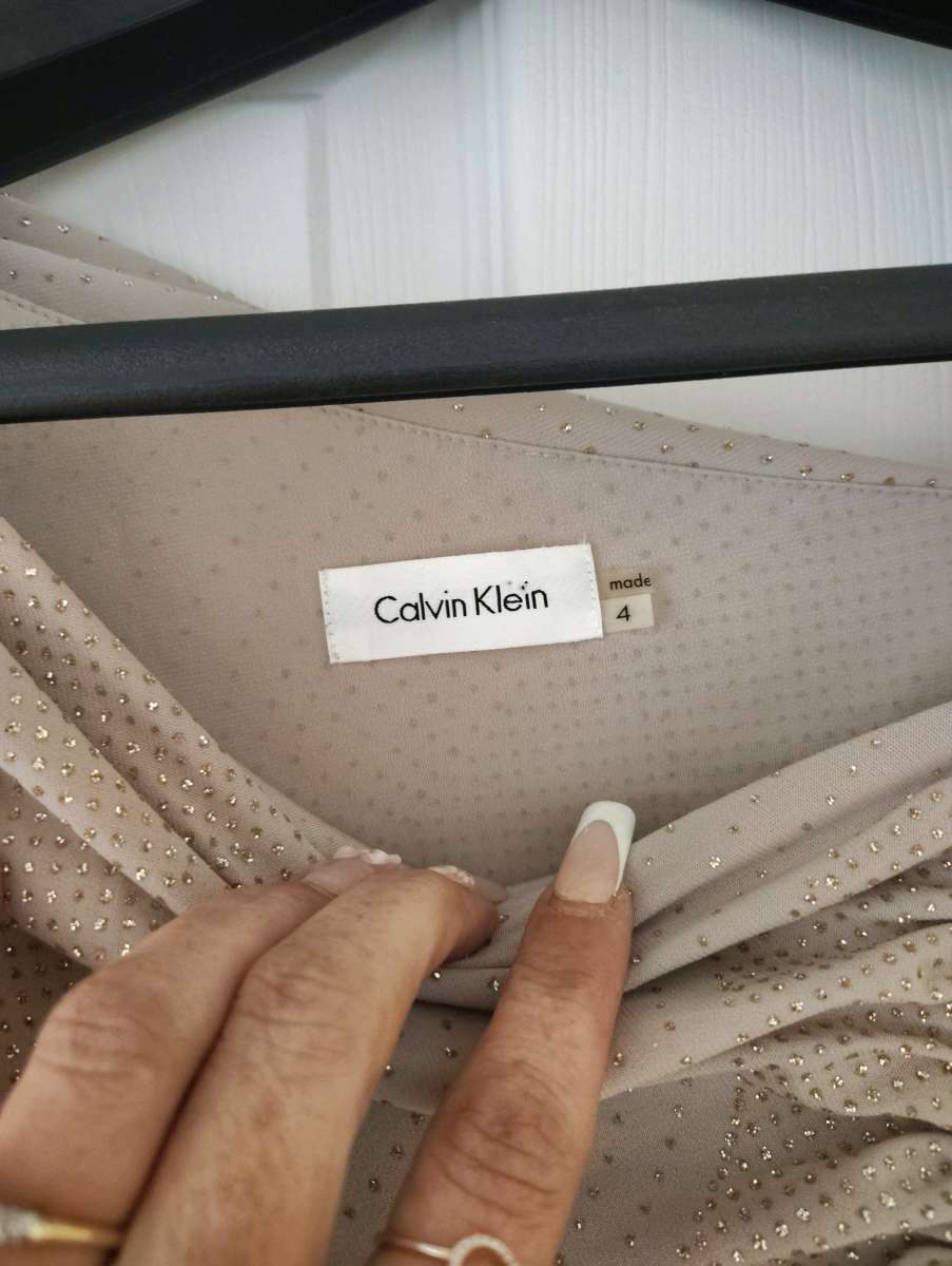 champagne sparkle Calvin Klein evening dress