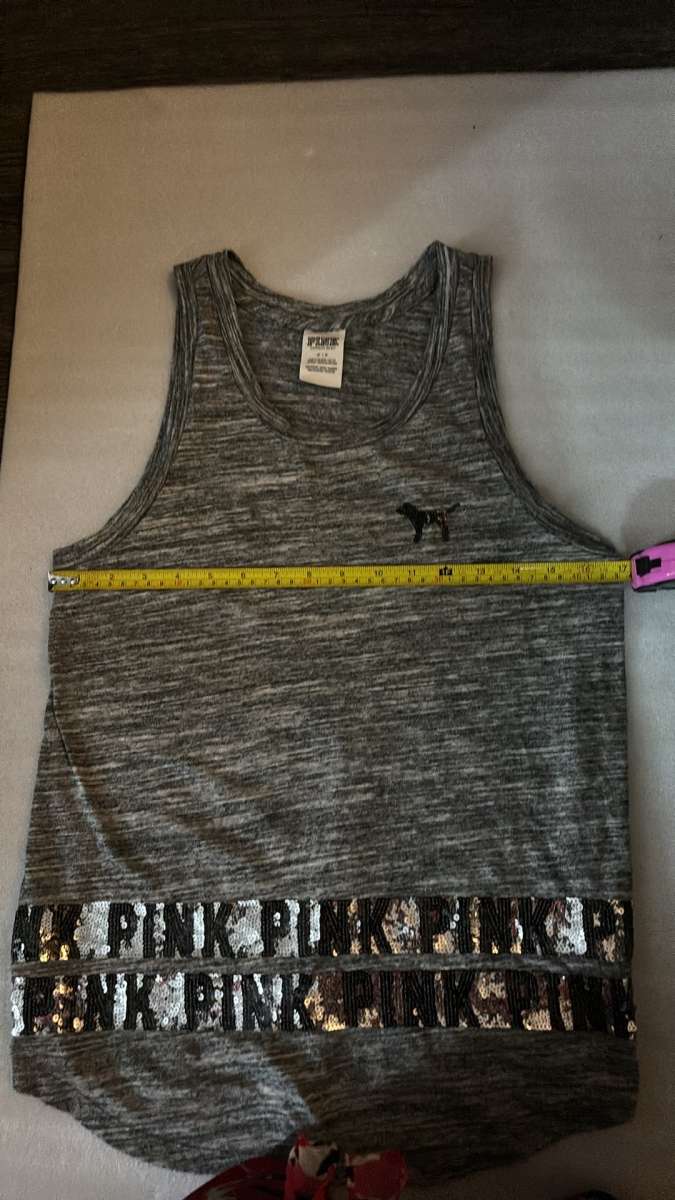 PINK Victorias Secret Bling Sequin Grey Tank Top Logo Womens