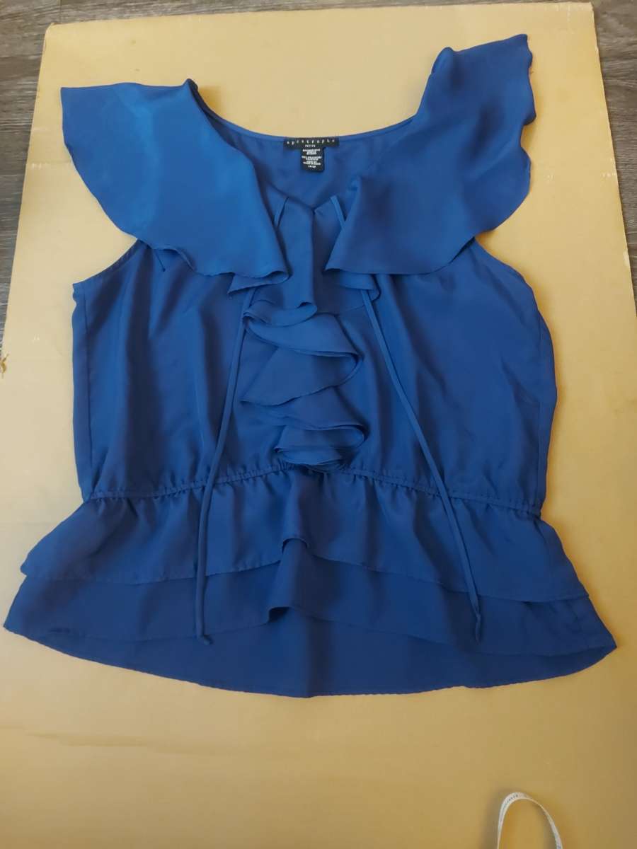 Apostrophe Navy Bow Tie Ruffled Sleeveless Top Size LP Long