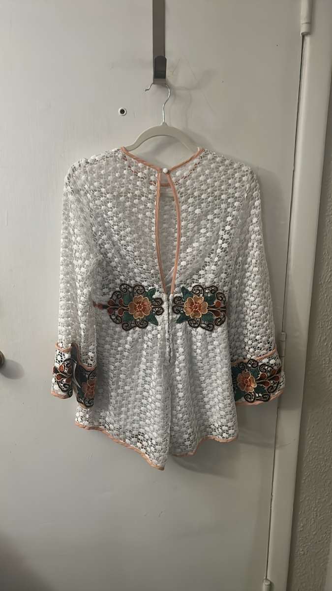 Luxxel White Embroidered Floral Romper with Bell Sleeves Siz