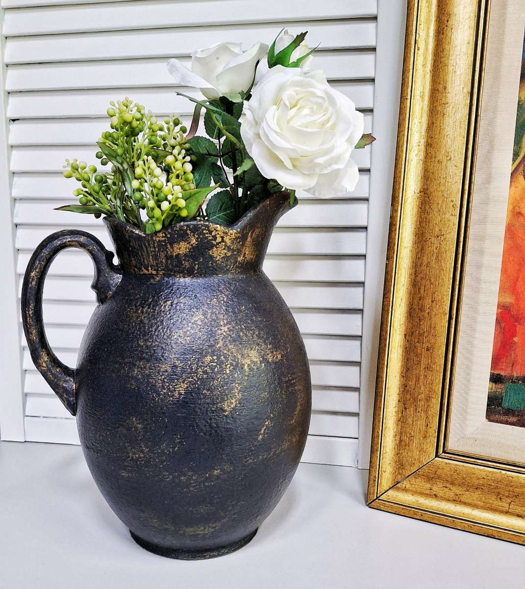 Vintage Black and Gold Ceramic Farmhouse Pitcher