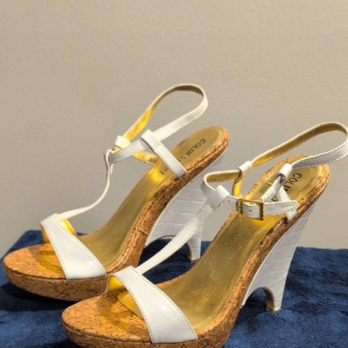 Gold and White Platform Sandals with Cork Wedge size 10