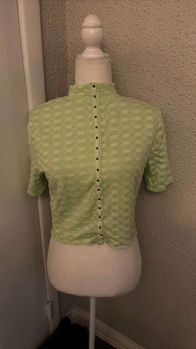 Free People Mock Neck Textured Button Closure Back TShirt Si