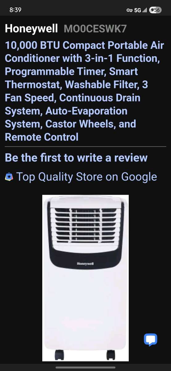 Honeywell 10000 BTU Portable Air Conditioner  Dehumidifier