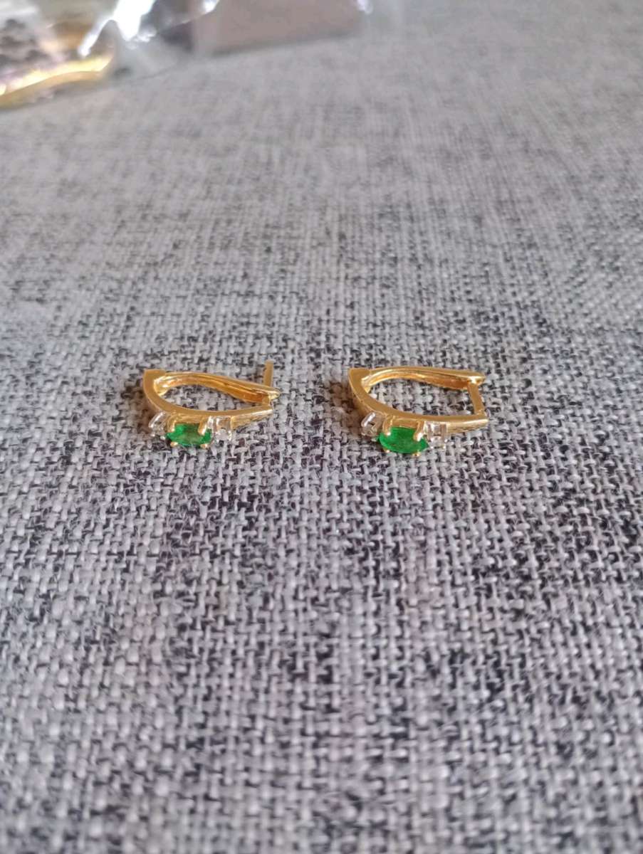 Emerald Natural Diamond Hoops Earrings 14K Yellow Gold