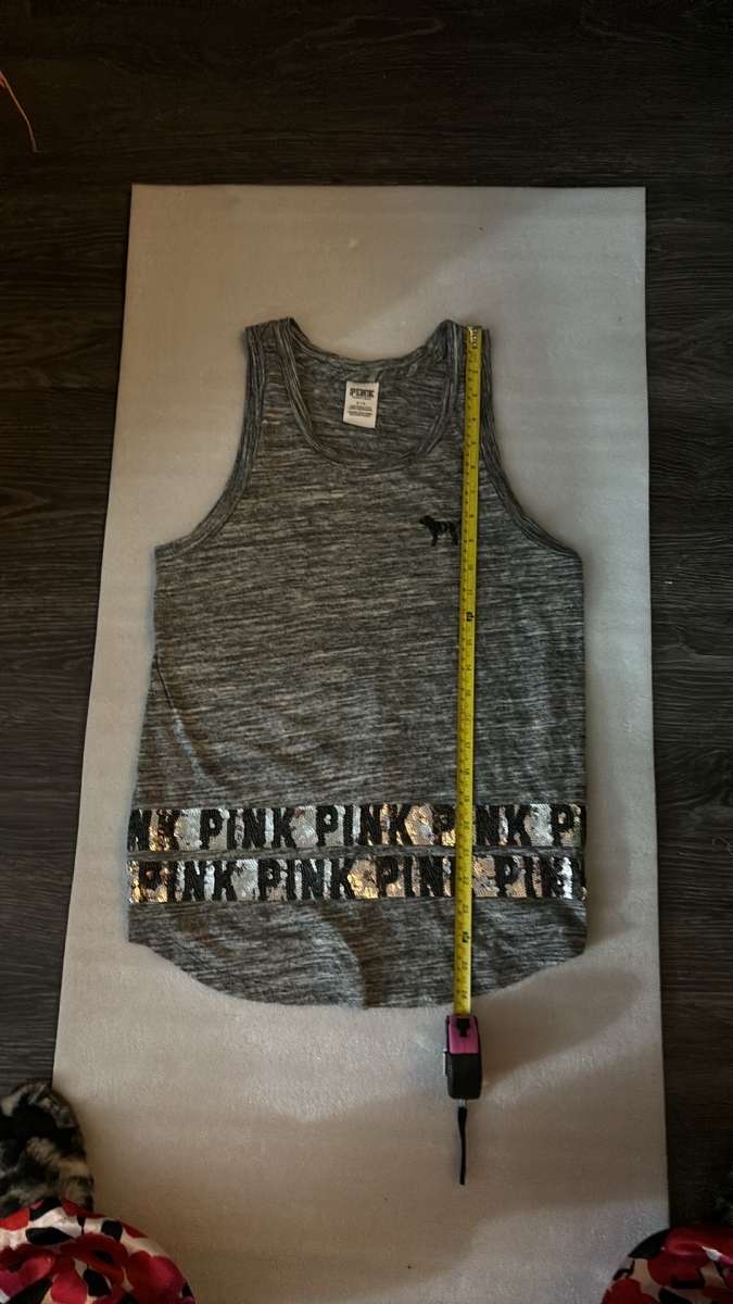 PINK Victorias Secret Bling Sequin Grey Tank Top Logo Womens