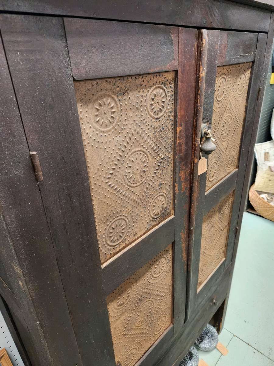 Primitive Punched Tin Pie Safe Cabinet