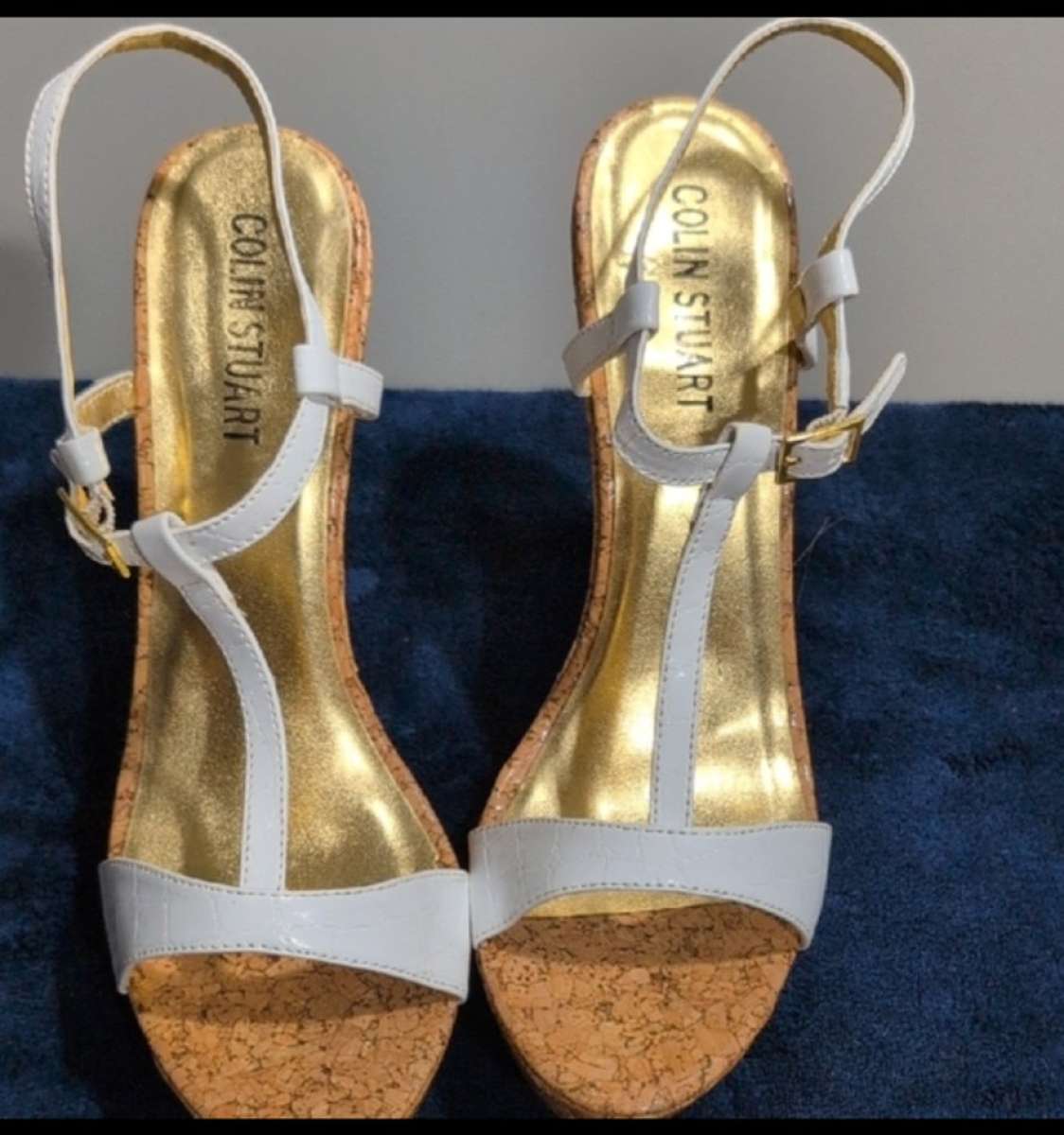 Gold and White Platform Sandals with Cork Wedge size 10