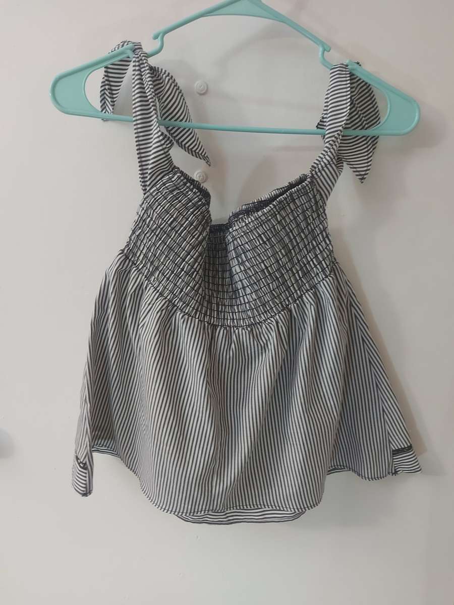 Sienna Sky Pinstripe Black White Off Shoulder Babydoll Blous