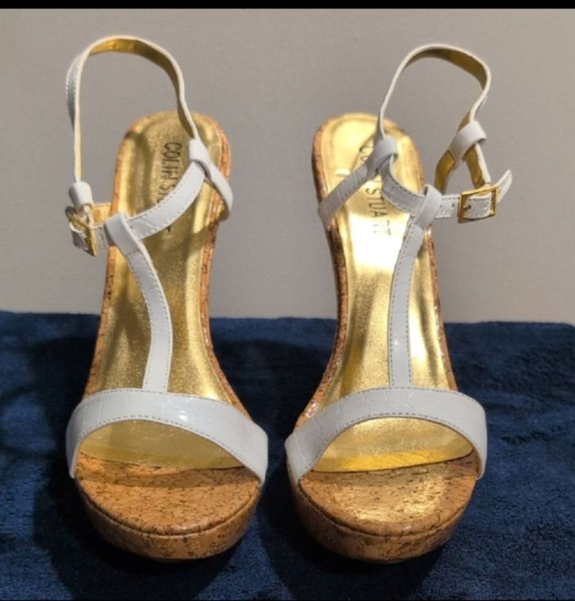 Gold and White Platform Sandals with Cork Wedge size 10