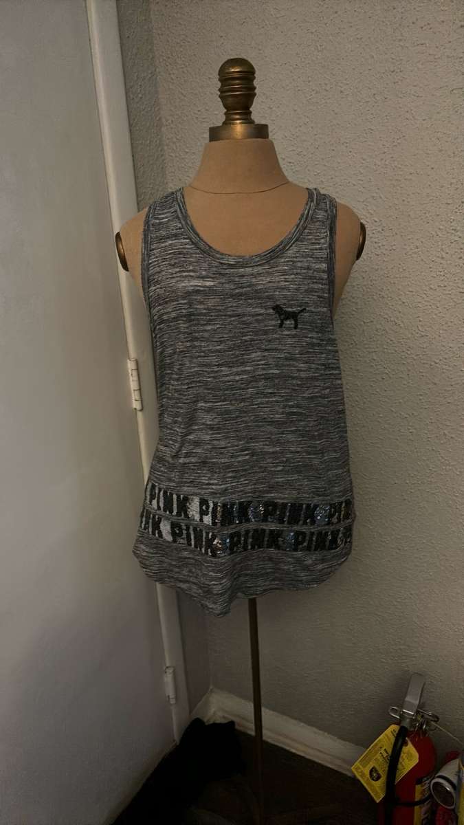 PINK Victorias Secret Bling Sequin Grey Tank Top Logo Womens