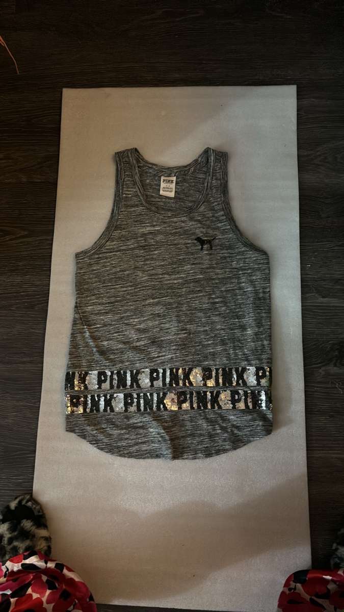 PINK Victorias Secret Bling Sequin Grey Tank Top Logo Womens
