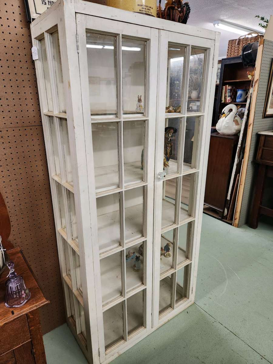 vintage handmade wood glass paned display cabinet bookcase
