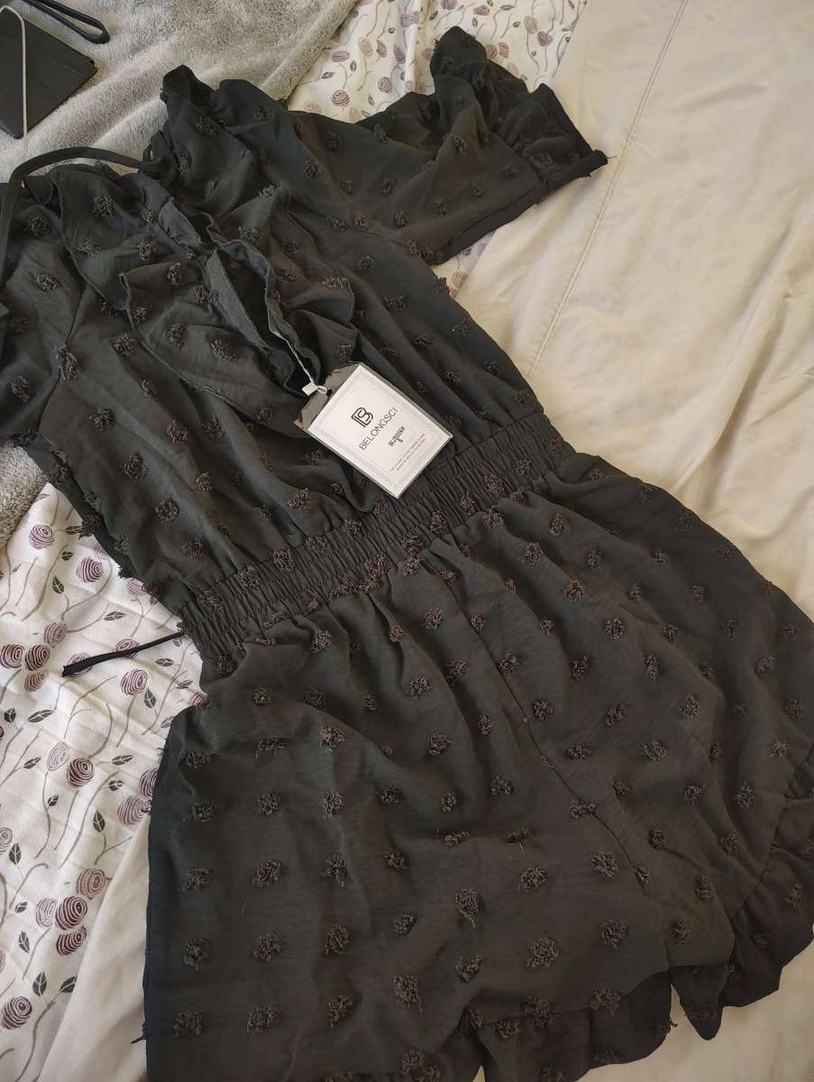 sexy open back romper with black lace Mary Jane heels