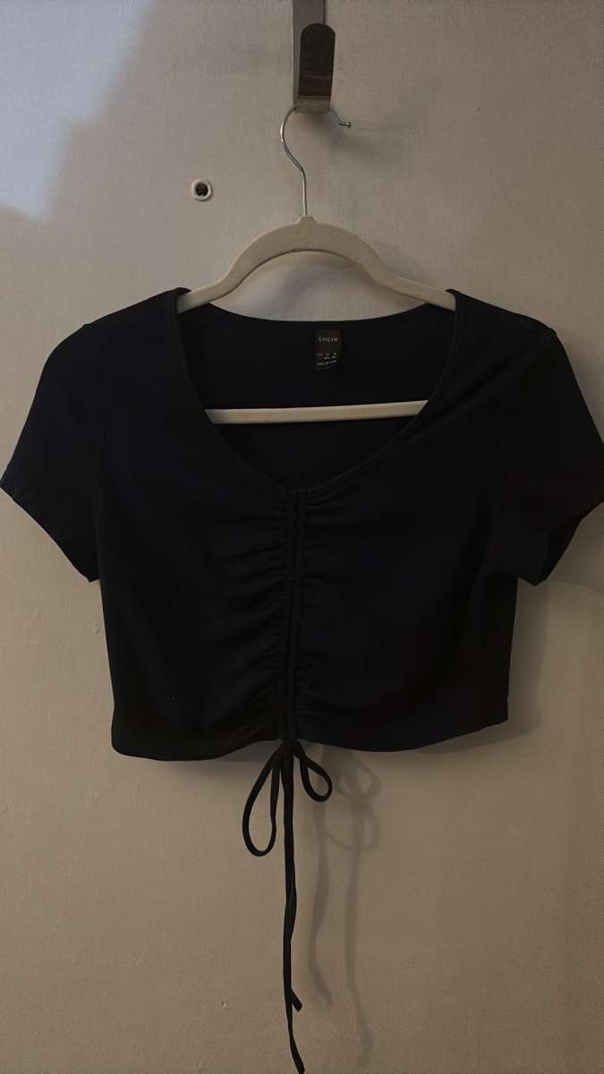 SHEIN Navy Shirred Tie Front Crop Top Size L