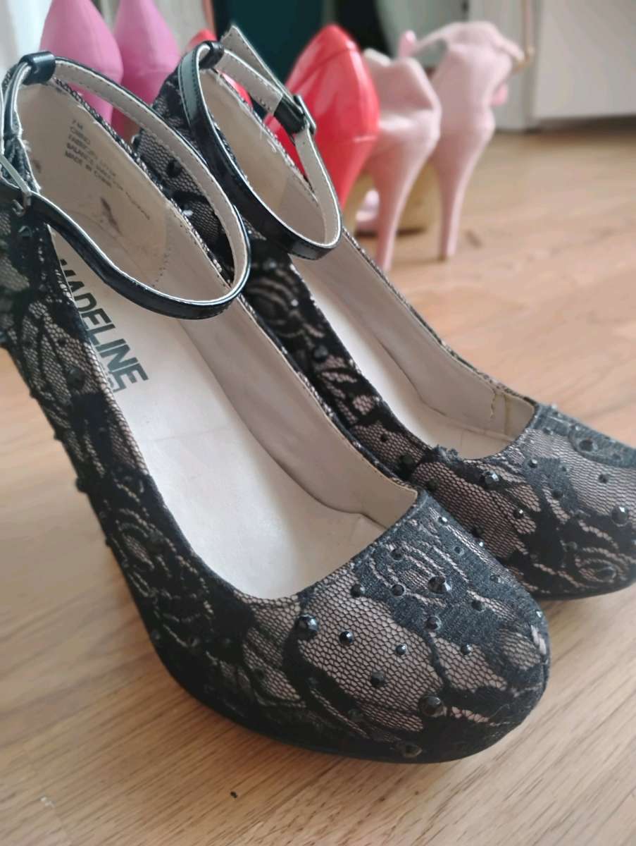 sexy open back romper with black lace Mary Jane heels