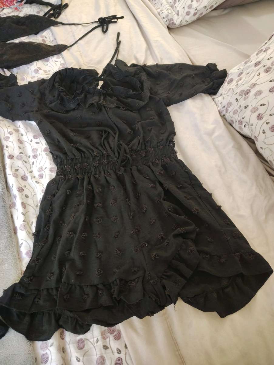 sexy open back romper with black lace Mary Jane heels