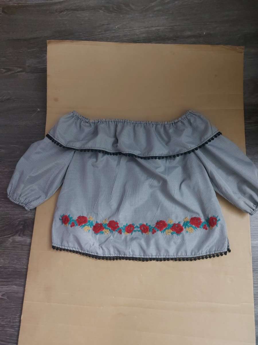 Bleuh Ciel Embroidered Gingham Boho Top BlackWhiteRed Size S