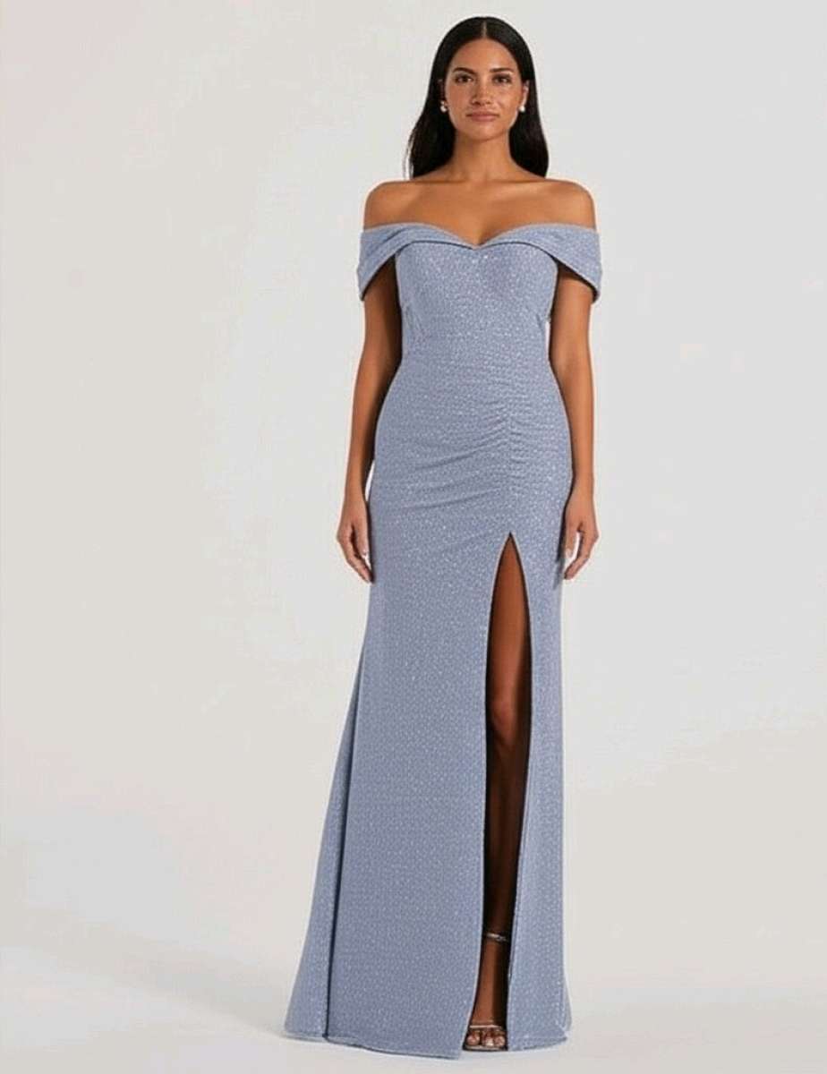 off shoulder slit gray dress glitter wedding prom new