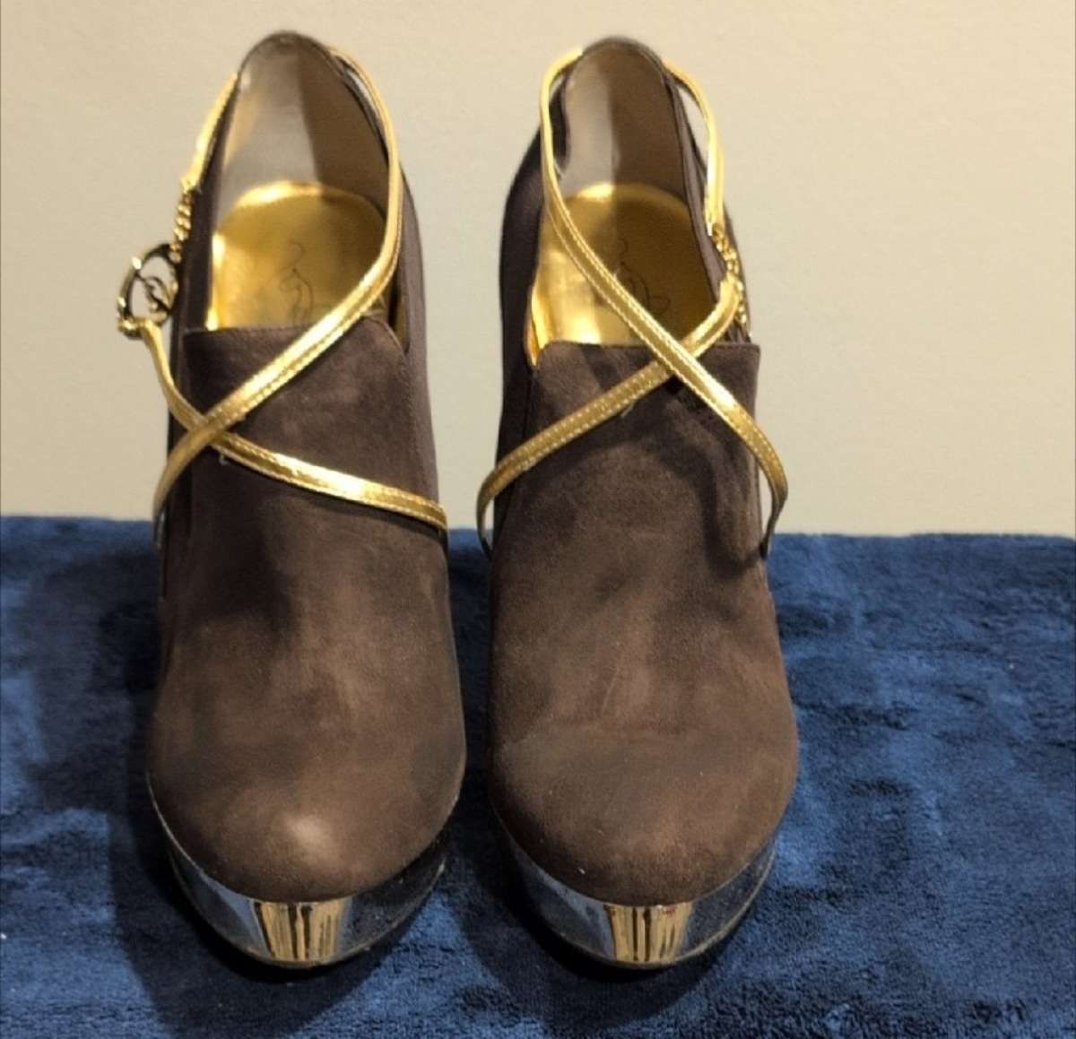 Brown and Gold Heeled Boots with Metallic Straps size 10