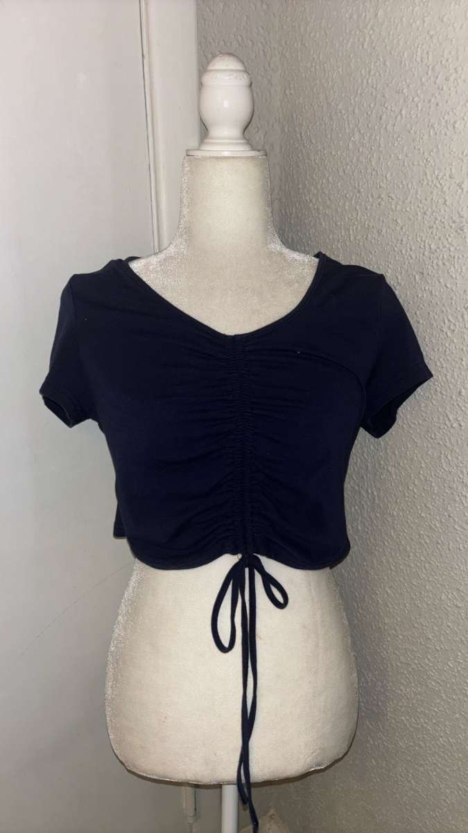 SHEIN Navy Shirred Tie Front Crop Top Size L