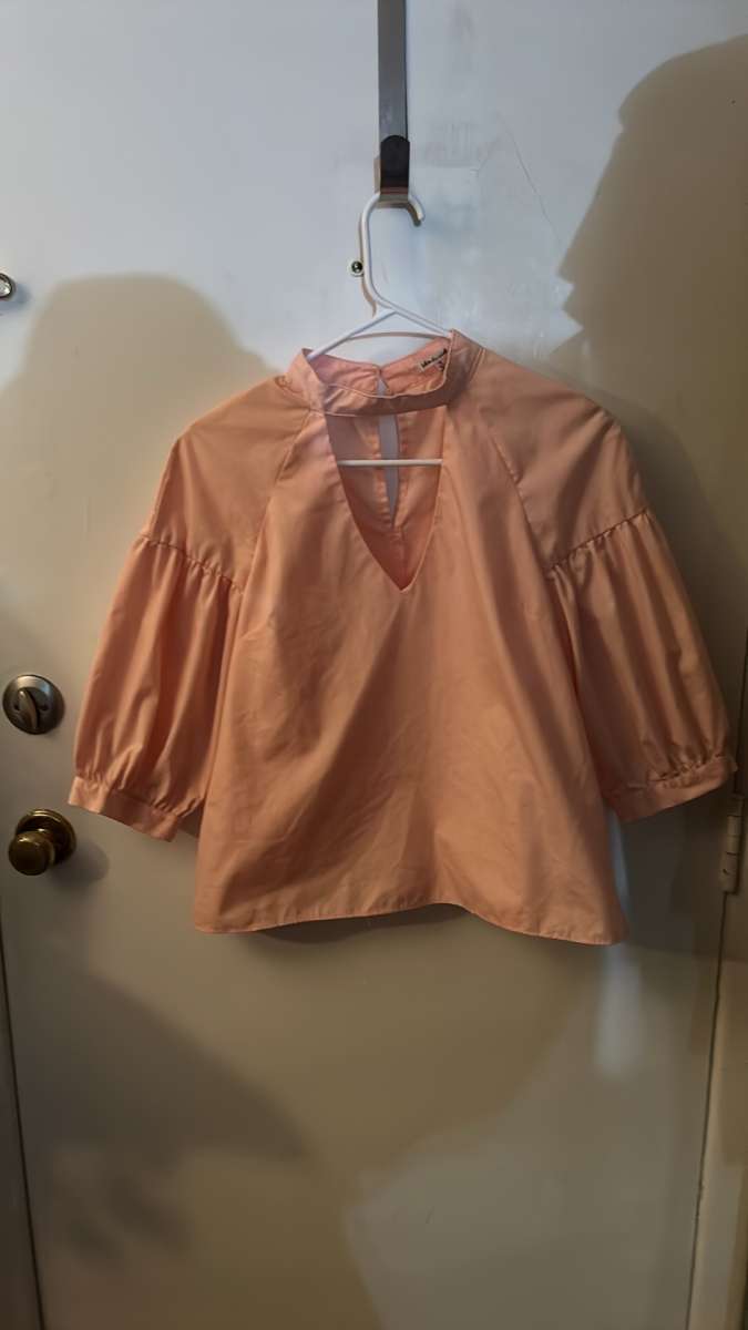 Bleuh Ciel Cowl Balloon Sleeve Choker V Line Peach Blouse M