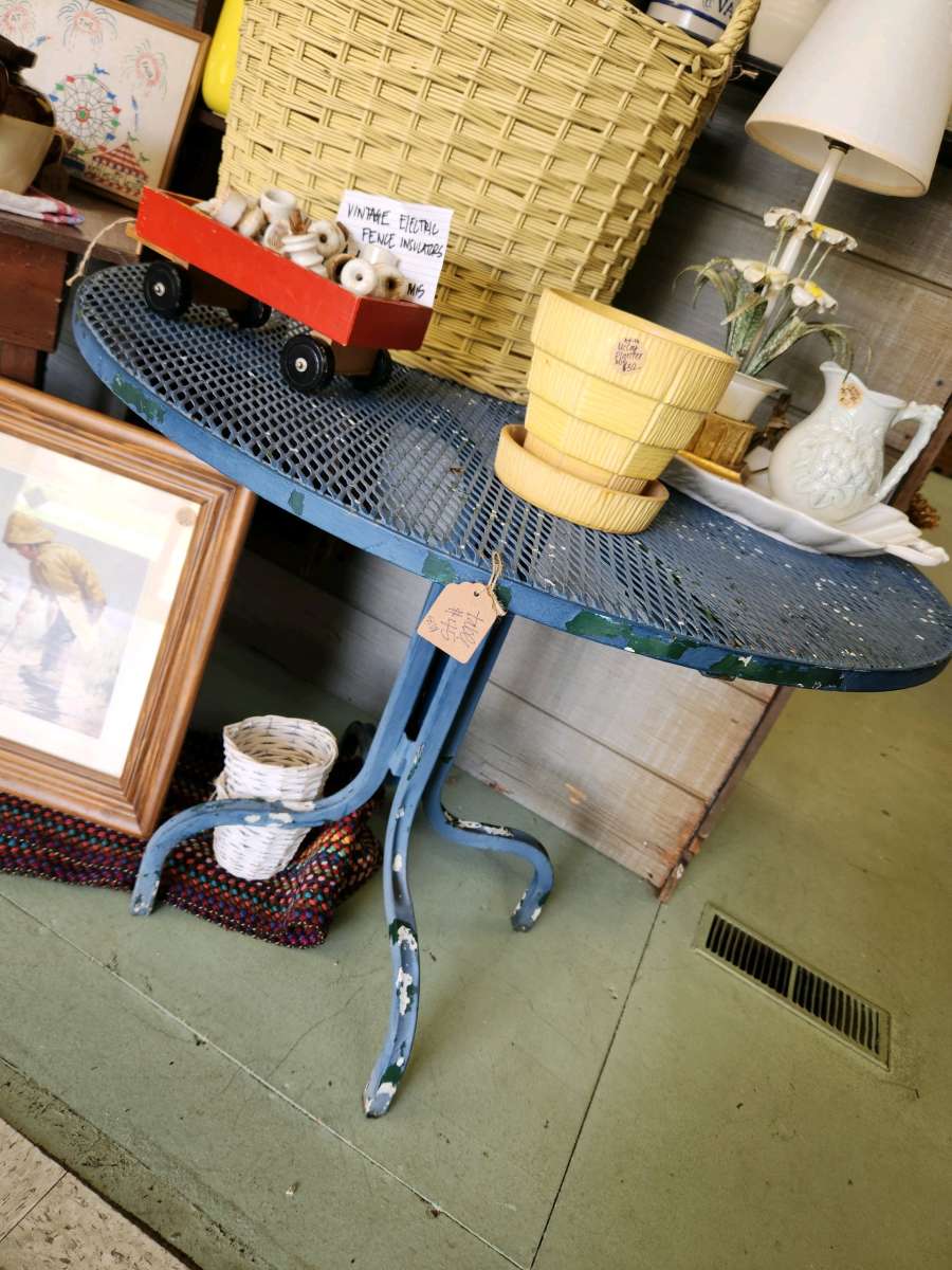 35 inch round chippy blue metal table patio porch or sunroom