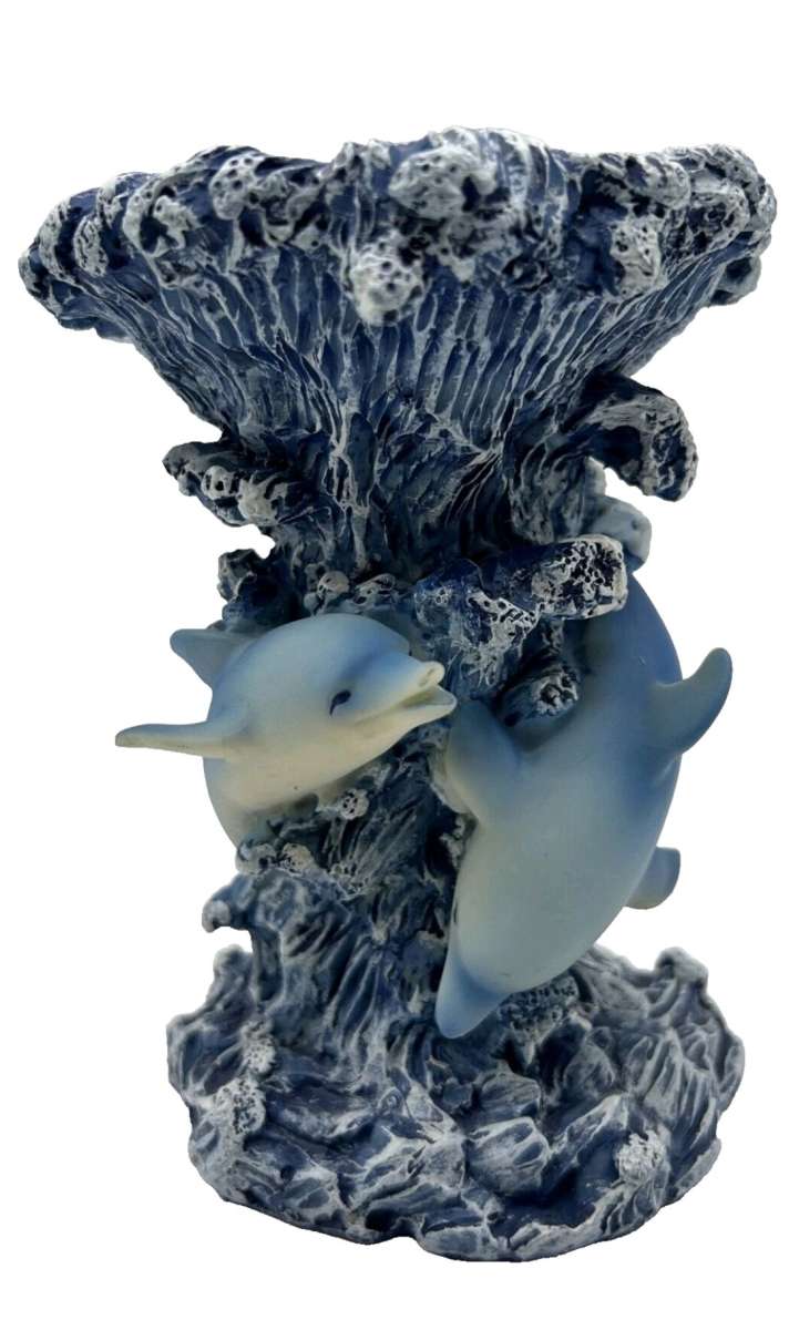 Blue Wave Shaped Candle Holder with 3 Dolphins