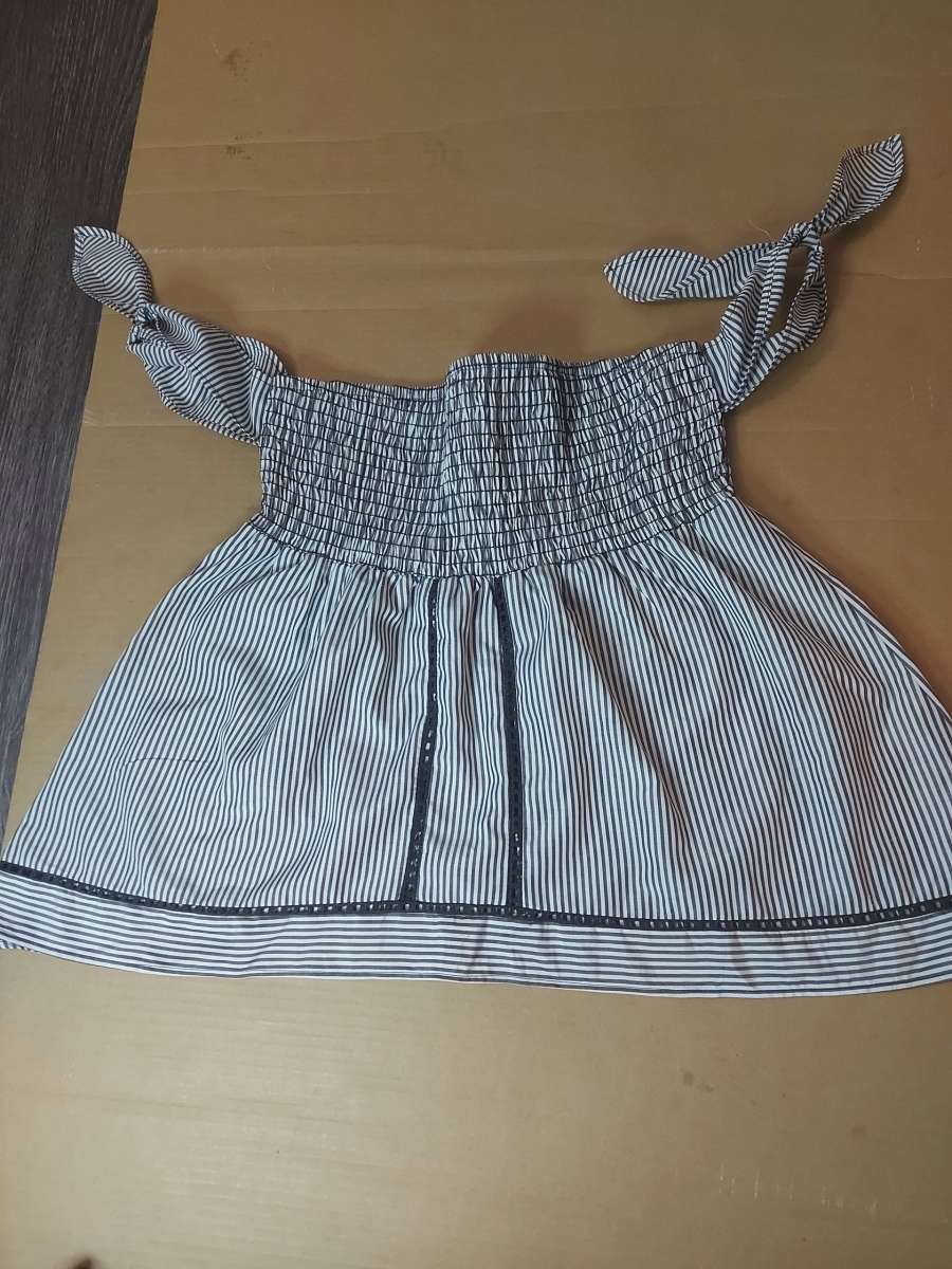 Sienna Sky Pinstripe Black White Off Shoulder Babydoll Blous