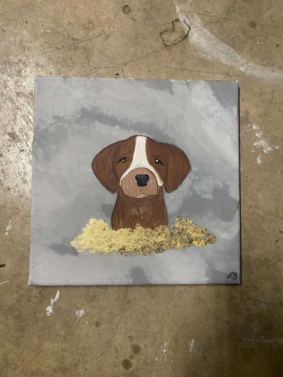 dog on golden clouds painting
