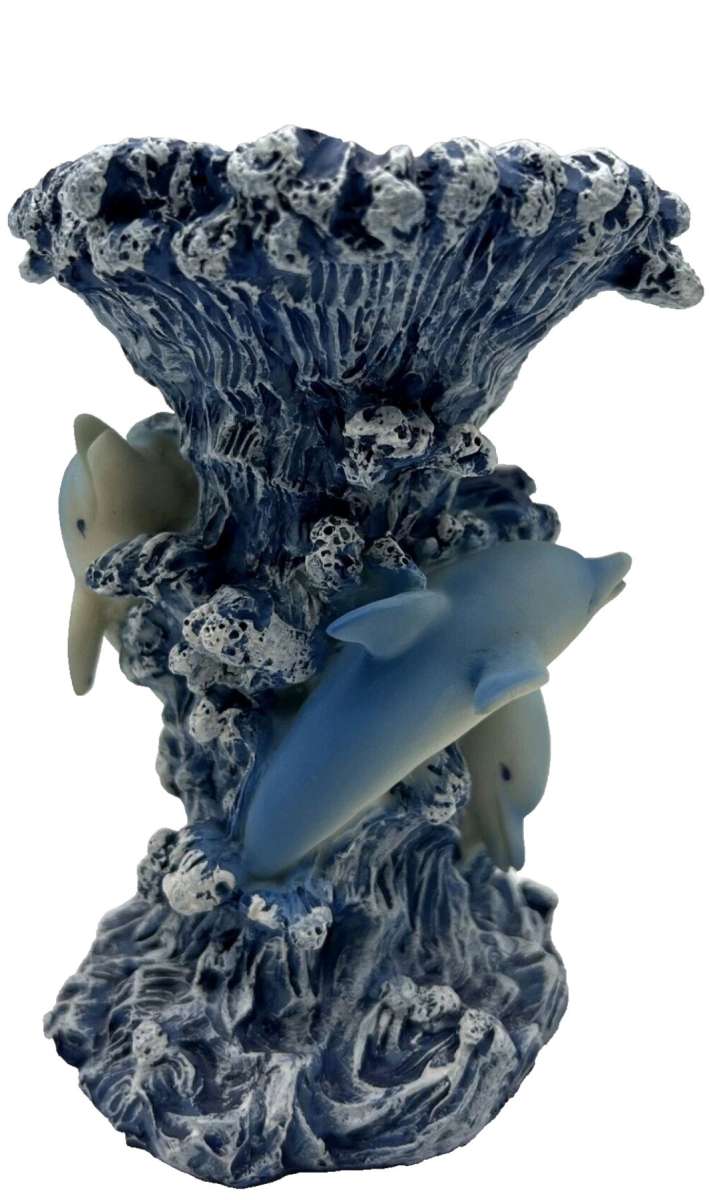 Blue Wave Shaped Candle Holder with 3 Dolphins