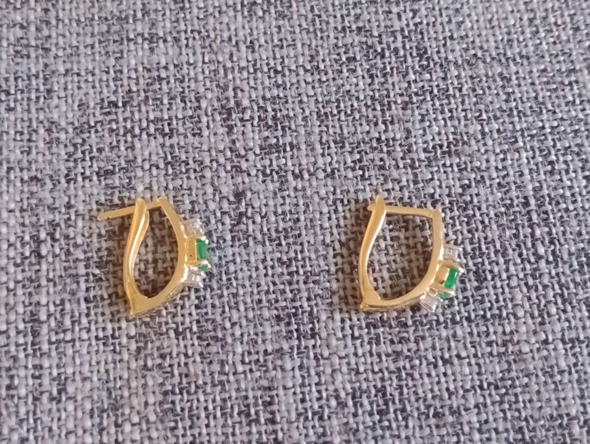 Emerald Natural Diamond Hoops Earrings 14K Yellow Gold