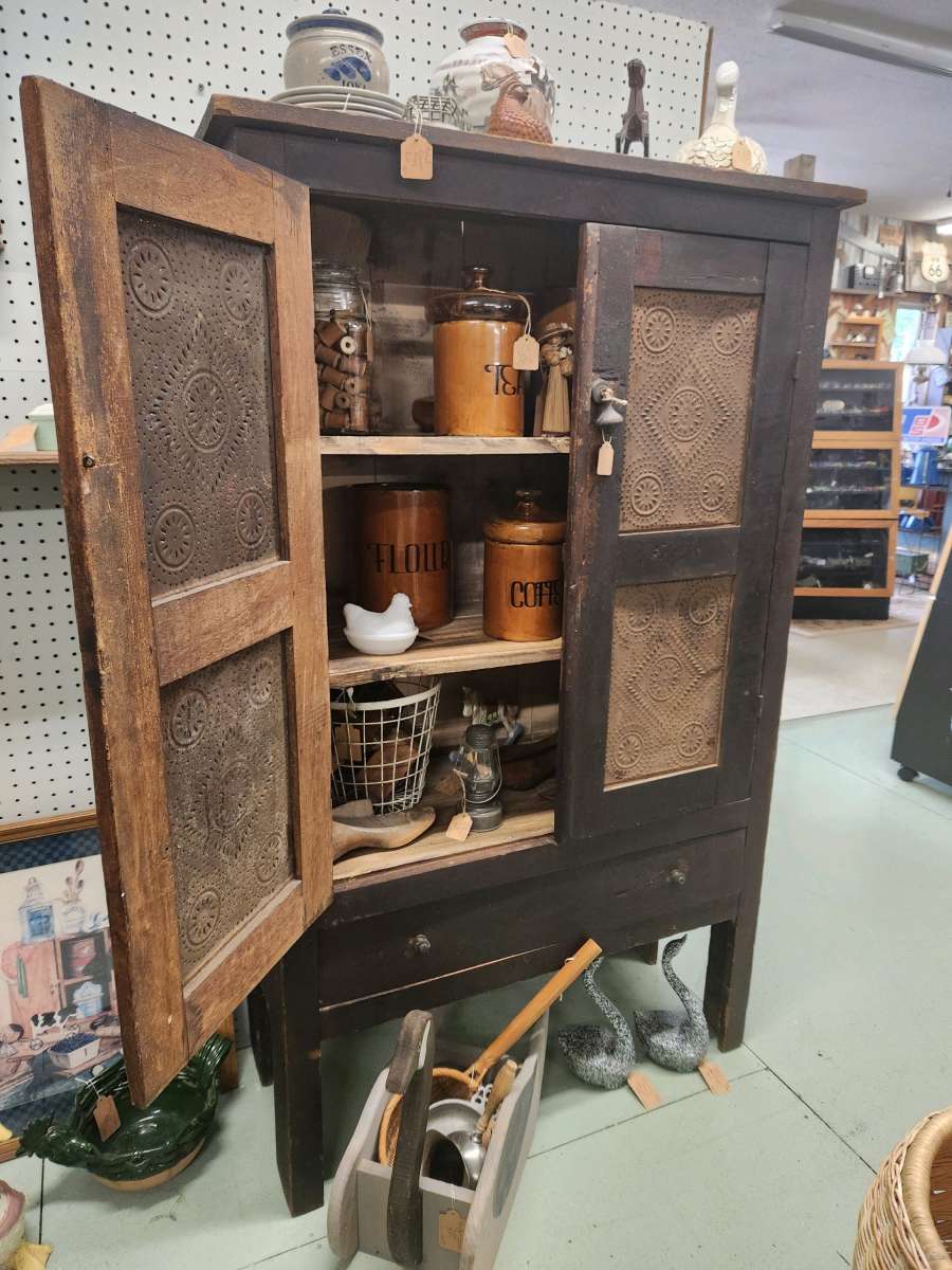Primitive Punched Tin Pie Safe Cabinet