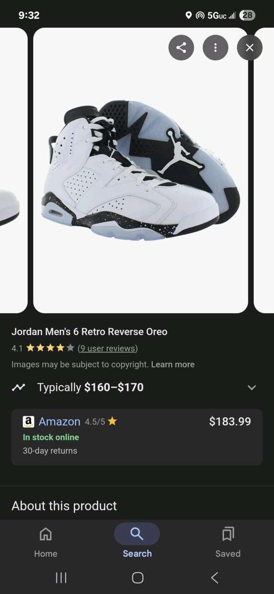 Jordan Mens 6 Retro Reverse Oreo