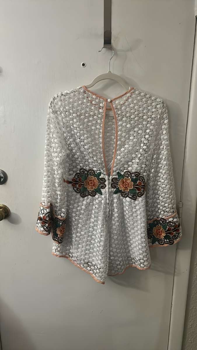 Luxxel White Embroidered Floral Romper with Bell Sleeves Siz