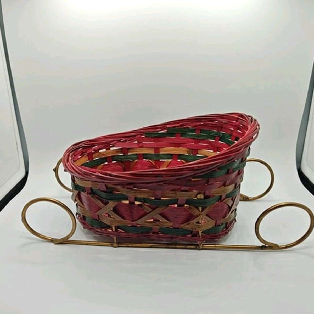 Wicker Christmas Santa Sleigh Red Green  Brown Floral Craft