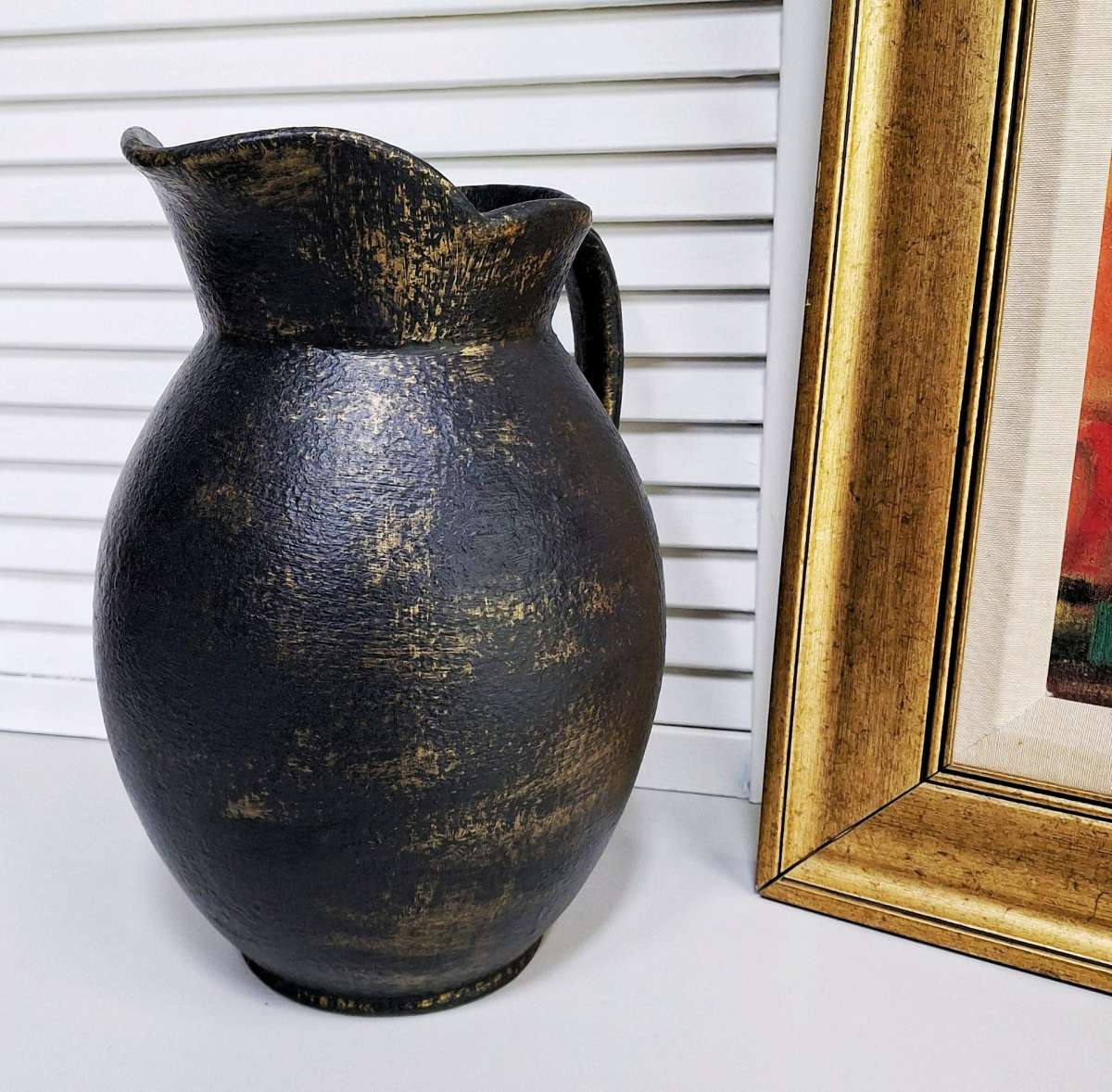 Vintage Black and Gold Ceramic Farmhouse Pitcher