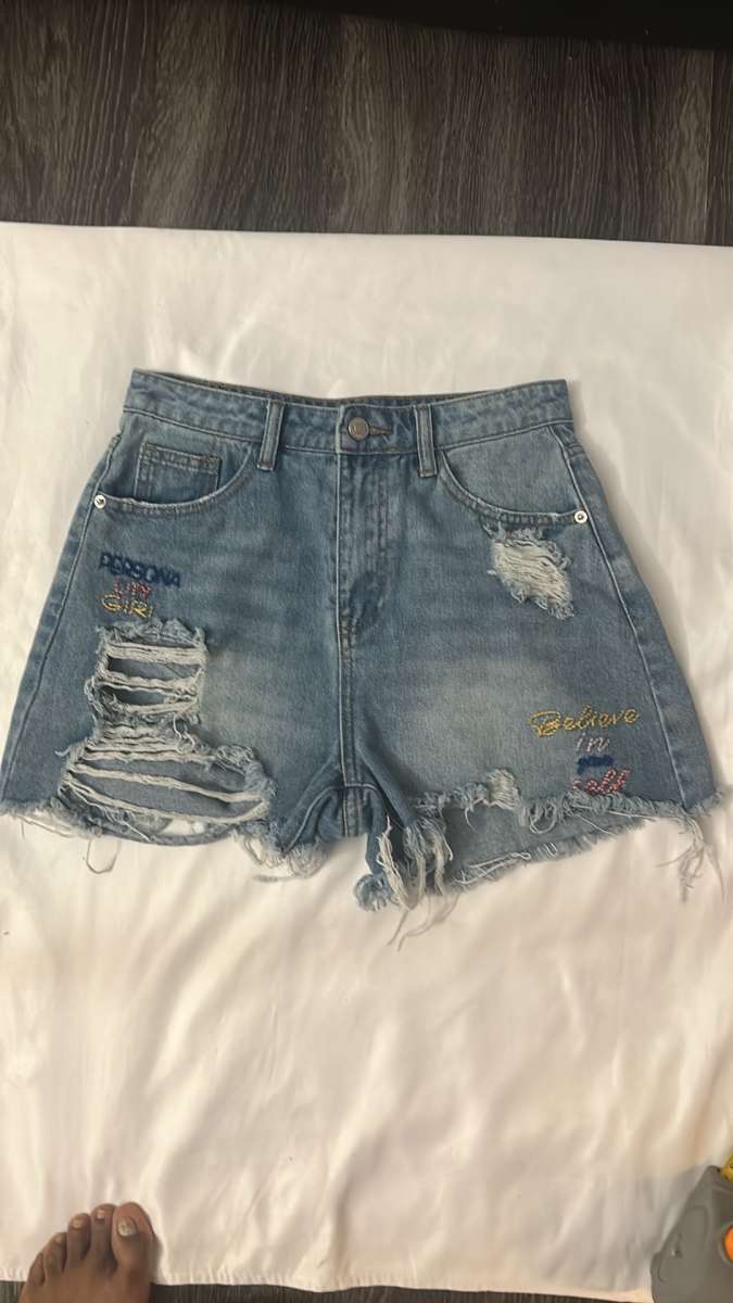 SHEIN High Waist Distressed Embroidered Denim Shorts Size S