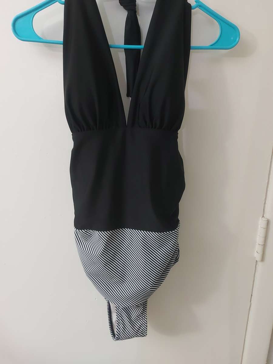 BlackWhite Halter Striped One Piece Bathing Suit Size S