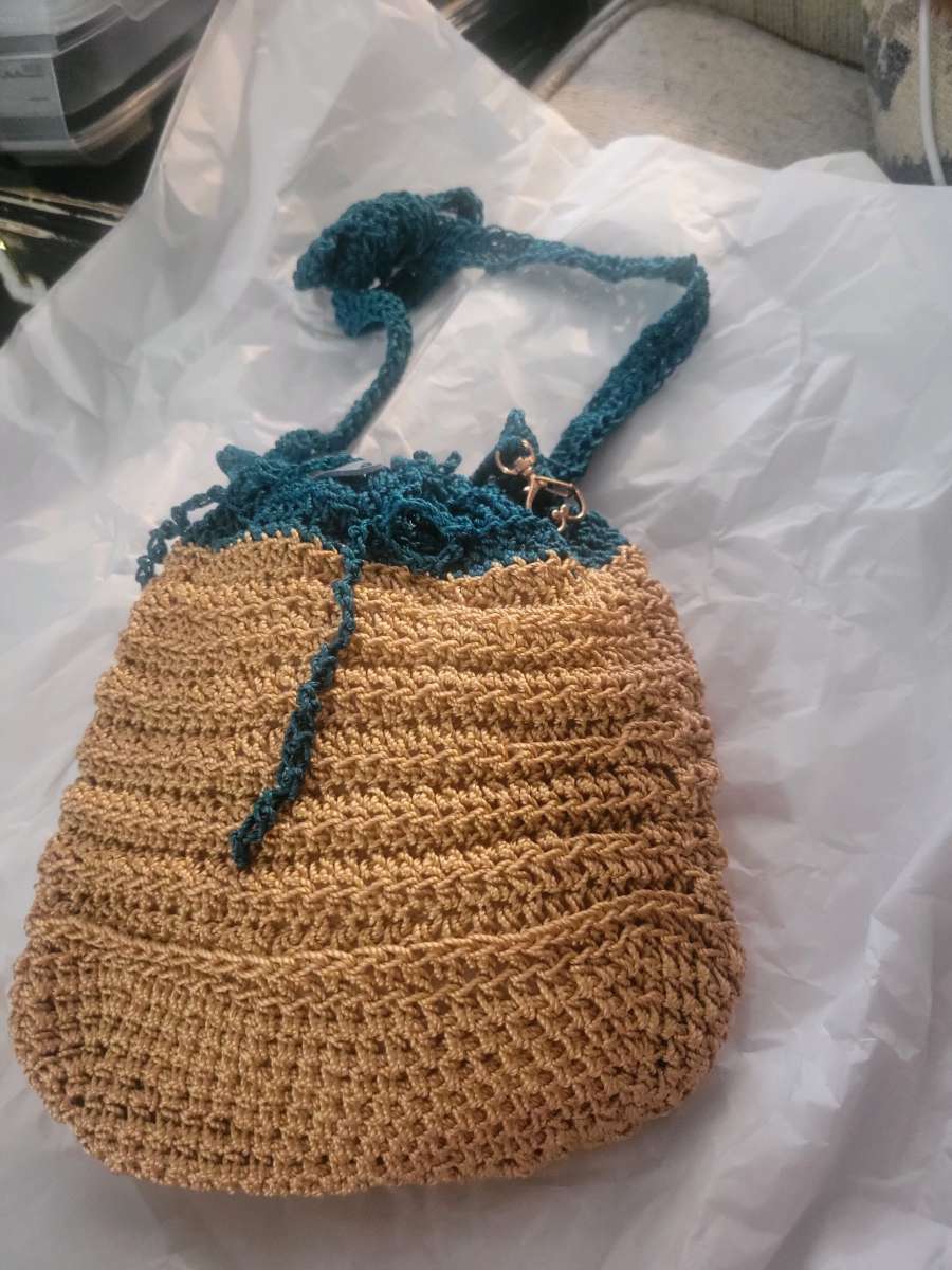 Crochet Teal and Gold  shoulder Strap Tote