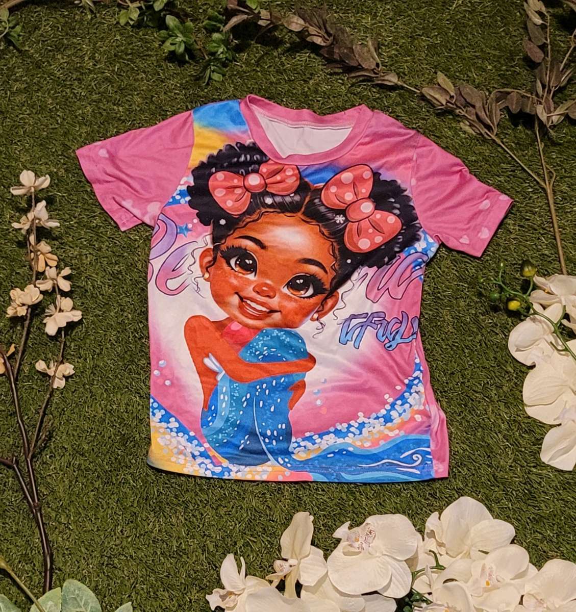 Multicolored Princess Tee with Bows and Big Eyes