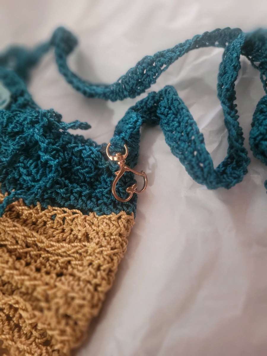 Crochet Teal and Gold  shoulder Strap Tote