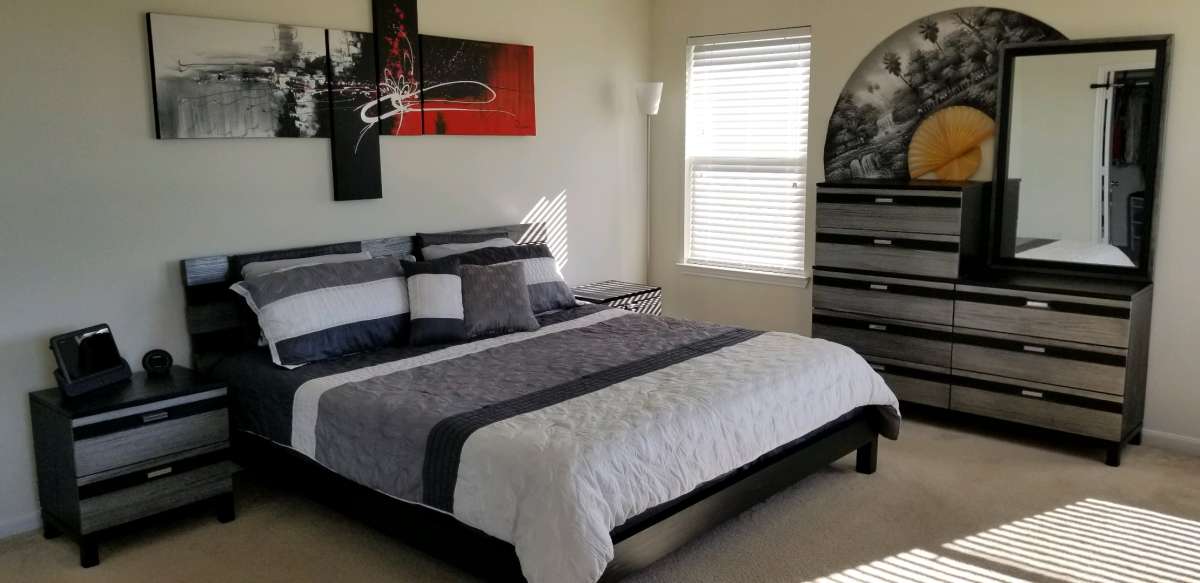 BlackGray all wood 8 Pc King Panel Bed Mattress Included